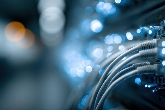 Data Cables and Lights: A close-up shot of fiber optic cables illuminated by blue LED lights, showcasing the intricate network and advanced technology of data transmission.