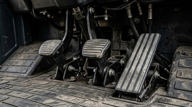 Close up of vehicle control pedals including clutch, brake and accelerator for warehouse equipment.