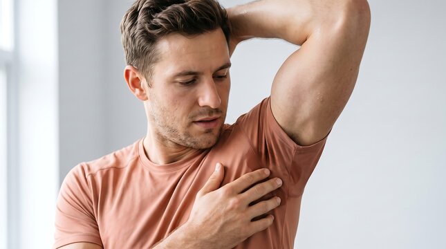 A man in a peach-colored t-shirt looks concerned while checking a sweat stain under his armpit.