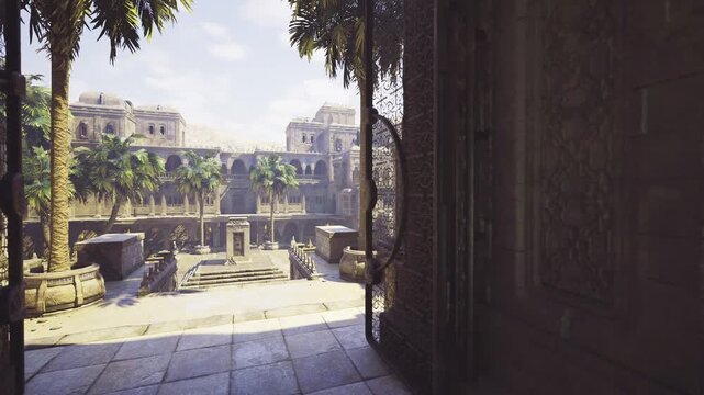 sunlit ancient stone courtyard with archway, expansive view toward ornate plaza and palmlined terraces, textured carvings on walls, soft shadow patterns