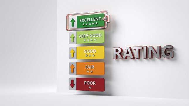 3D vertical stacked rating levels with color-coded arrows and stars ranging from red poor to green excellent, suitable for customer feedback, survey results, and user review interfaces.