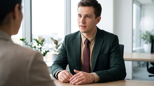 A young man in a suit and tie sits across from a woman, engaged in a professional discussion or job interview in a modern office setting.