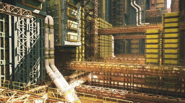 Sunlit industrial processing corridor with pipes, stacked crates and walkways, long perspective of platforms and conduit networks, warm glow highlighting yellow