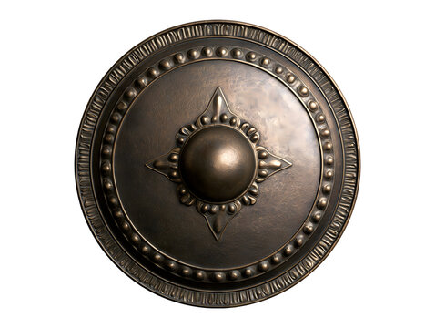 Ancient bronze round shield isolated on transparent or white background, png