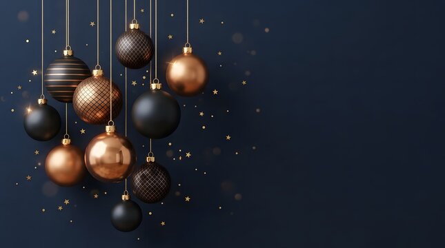 Hanging gold and black christmas baubles with glitter stars