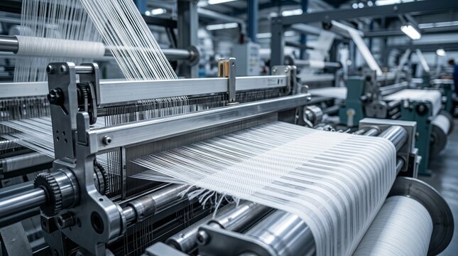 Automatic industrial loom weaving a white striped textile in motion.