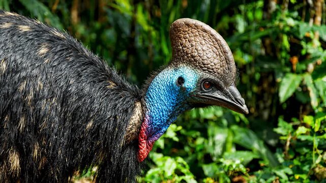 Close Up Portrait of a Southern Cassowary in Tropical Rainforest Habitat