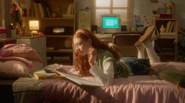 Caucasian teenage girl lying on bed, thinking and writing in notebook while studying algebra in retro bedroom, panning shot. Clip is perfect for back-to-school marketing and education ads