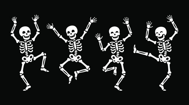 A fun and spooky halloween background featuring a group of happy dancing skeletons isolated on a solid black backdrop design