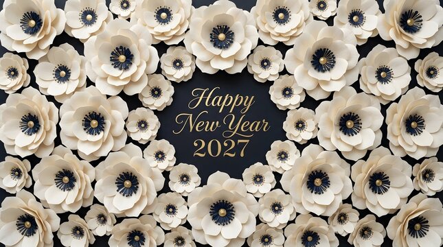 Happy new year 2027 greeting card with white paper flowers