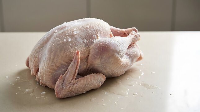 Fresh raw whole chicken ready for cooking on a kitchen counter top with water droplets on the skin surface. raw frozen turkey