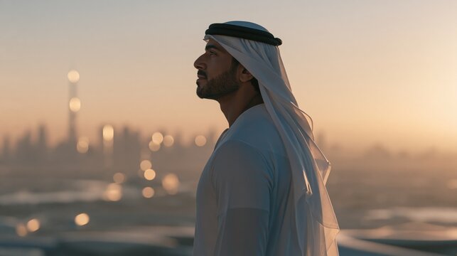 Emirati leader in downtown Dubai at sunset