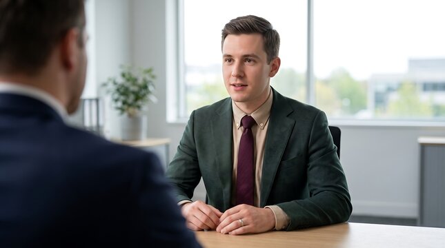 A young professional man in a suit sits at a desk, engaged in a business meeting or job interview with another person in an office setting.