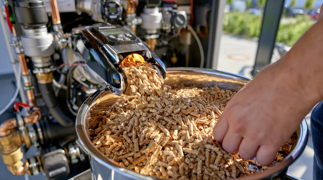 Top down perspective of a sophisticated biomass heating system in a spotless domestic boiler room, wood pellets feeding through an automated mechanism toward a glowing burner, neatly arranged pipes,
