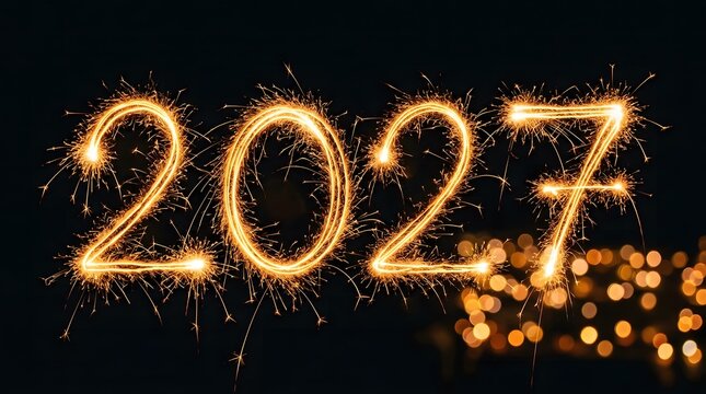 2027 year written with glowing sparklers on black background