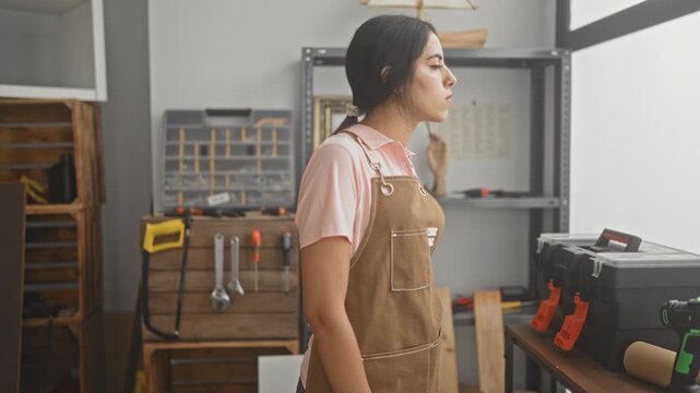 Young carpenter woman in brown apron crossing arms beside toolbox and stacked wood crates in studio; quiet determination.