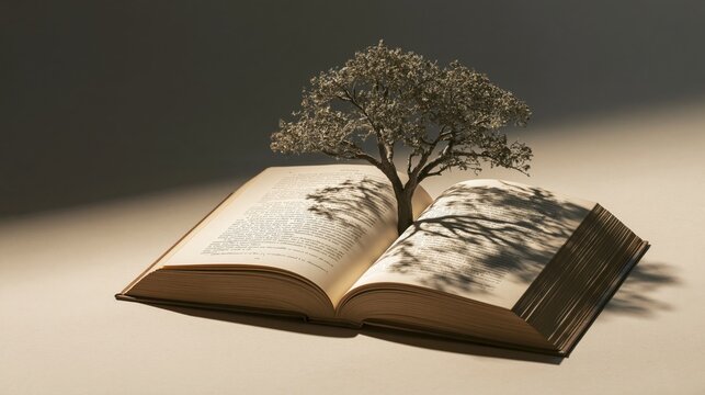 Open Book with Miniature Tree Growing from Pages
