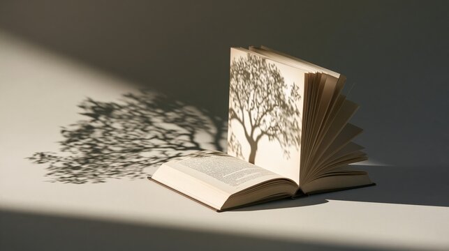 Open Book with Tree Shaped Pages Casting Shadow