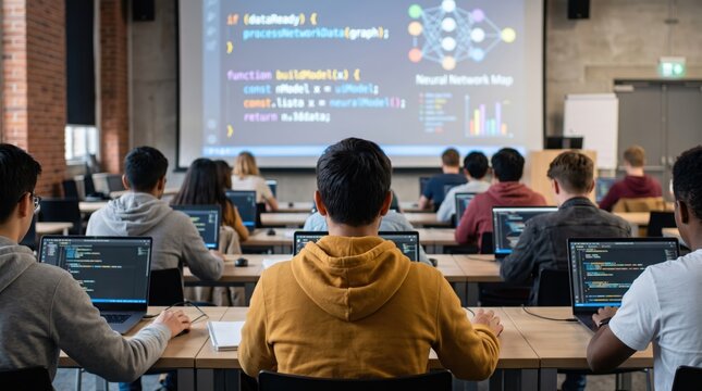 Students sitting at desks typing on laptops in a classroom with a large projector screen displaying computer code and a neural network diagram
