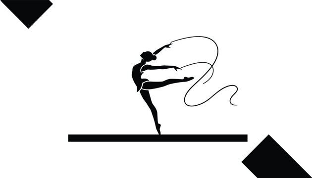 Silhouette of a graceful rhythmic gymnast performing an artistic routine with a long swirling ribbon ribbon.