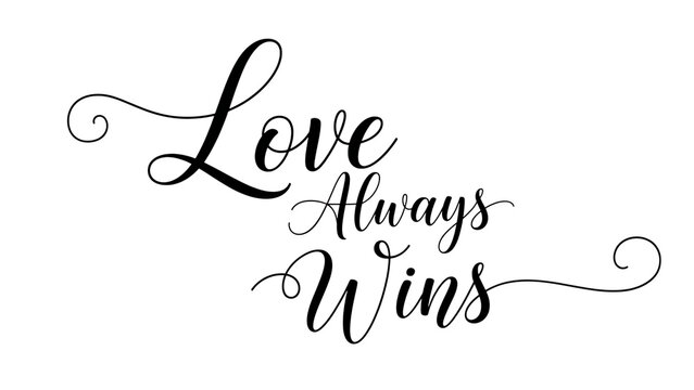Love always wins white line typography with flowing cursive script and decorative swirls for romantic and positive messages isolated on a transparent background