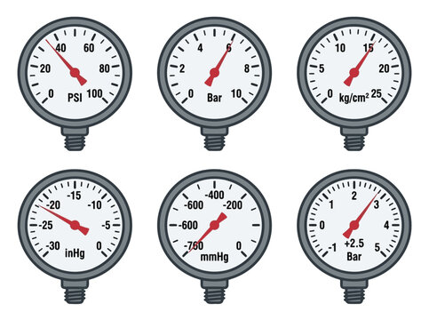 Pressure gauge and vacuum manometer icon set for industrial measurement and engineering.