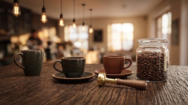 Two ceramic coffee cups a glass jar filled with roasted coffee beans and a metal tamper on a rustic dark wooden table in a blurred cafe setting with hanging pendant lights