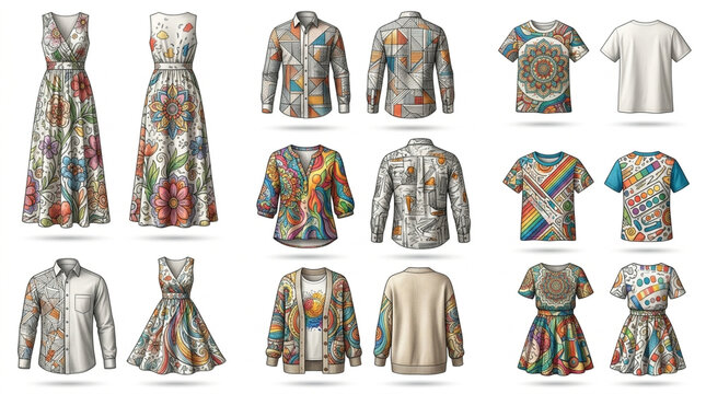 Vibrant Collection of Apparel Featuring Colorful Floral and Mandala Patterns