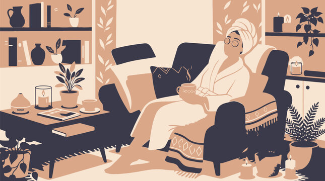 Relaxing woman indulging in a cozy home spa session with warm drink with enjoying warm beverage stylishly decorated living space soft lighting decorative elements
