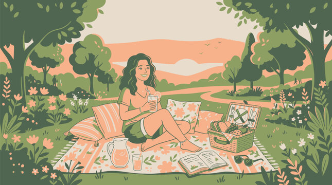 Relaxing woman enjoying outdoor picnic amidst blooming meadow with enjoying refreshing drink picnic basket peaceful natural setting gentle hills background