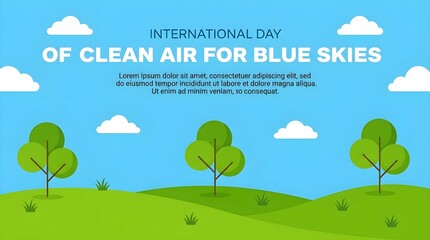 Fototapeta premium International Day of Clean Air for Blue Skies landscape banner template with green hills, stylized trees, and white clouds in a clear blue sky, vector illustration background for environmental sustain