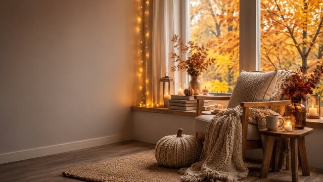 Cozy Autumn Reading Nook with Armchair, Candles, Pumpkins and Window View