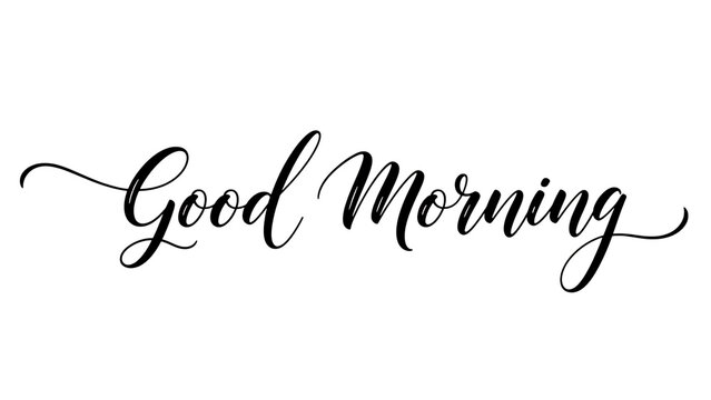 Good morning white line typography with flowing cursive script and decorative flourishes for daily greeting card isolated on a transparent background