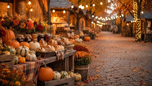 Rustic Autumn Market Stall with Bread, Pumpkins, Jars and Warm Lights