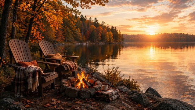 Cozy Lakeside Campfire with Adirondack Chairs and Autumn Sunset Reflections