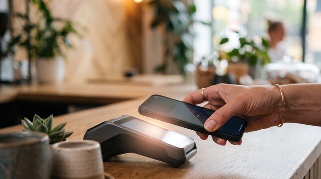Close-up of Customer Making Contactless Mobile Payment with Smartphone at Modern Cafe Counter