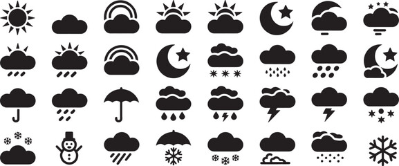 Naklejka premium Weather Icons Set with Sun, Clouds, Rain, Snow, and Moon Symbols. Graphic Design Elements for Weather Apps