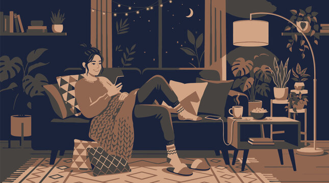Cozy evening relaxation with warm beverage and digital device in stylish living room with depicts person comfortably lounging patterned sofa wrapped textured blanket