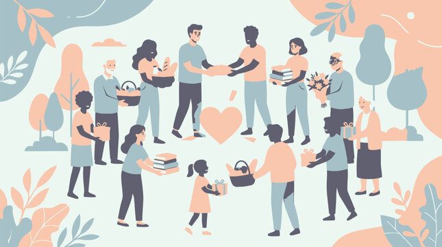 Illustrative community gathering with people exchanging gifts and books in cheerful outdoor setting with nature inspired environment soft pastel tones warm