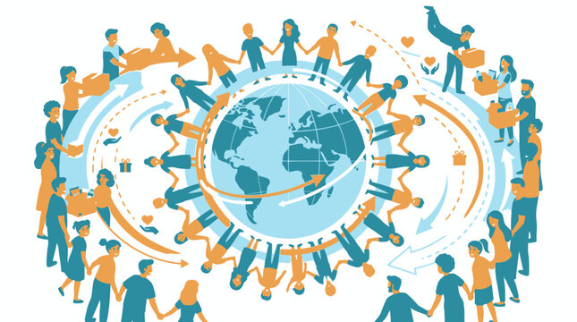 Global unity and collaboration through diverse human connections illustrated with flat design style with unity cooperation interconnectedness
