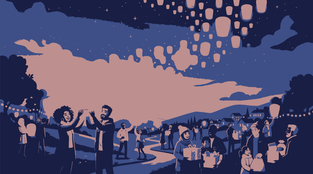Illustrated community celebration under starry night with glowing lanterns with creating whimsical festive mood among diverse crowd lively outdoor gathering