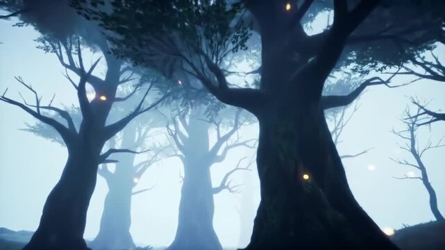Glowing fireflies hover around ancient trees in a mysterious misty forest