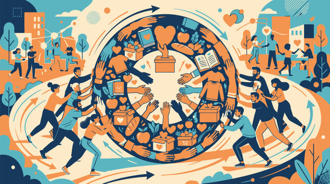 Community driven global giving hands together sharing resources with stylized illustration diverse people energetically pushing central wheel filled books