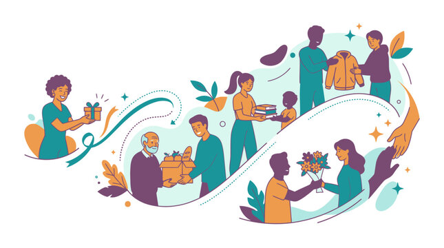 Illustrated group sharing thoughtful gifts in warm colorful celebration style with depicts cheerful circular composition diverse people exchanging gifts
