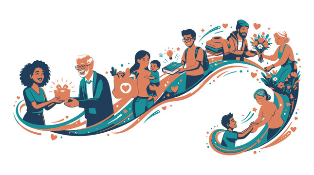 Diverse generations celebrating life milestones with warm connections with stylized illustration people across generations sharing joyful moments through gift giving