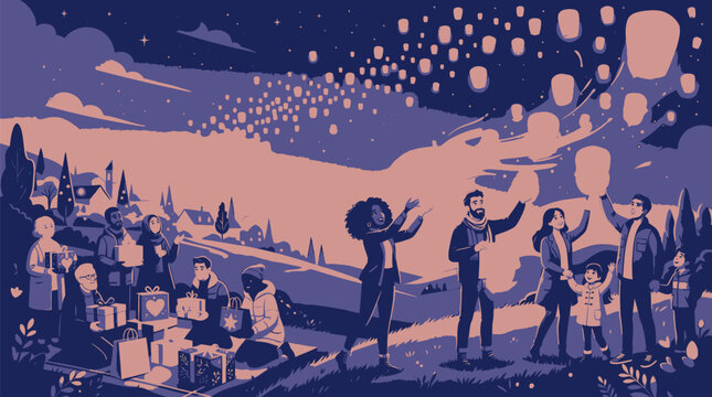 Community celebration under night sky with glowing lanterns with joyful outdoor gathering people release glowing while holding wrapped gathering dusk