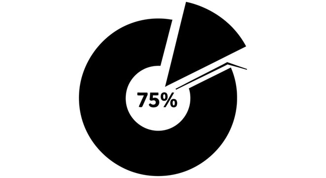 Pie chart with seventy five percent displayed black silhouette on white background