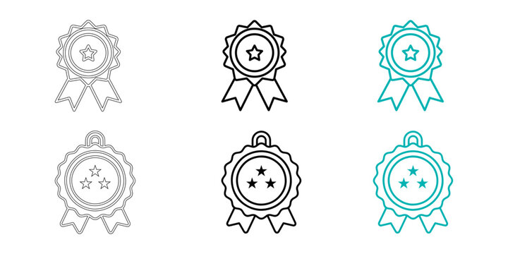 Set of various award ribbon and medal icons in line art style for business and achievement concepts