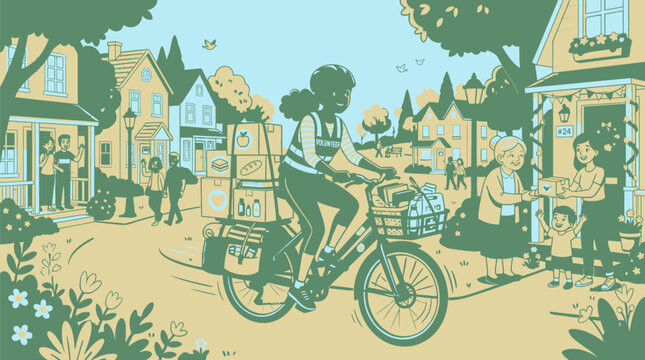 Community volunteer delivering groceries and supplies on bike through neighborhood with distributing them smiling residents sunny suburban street scene