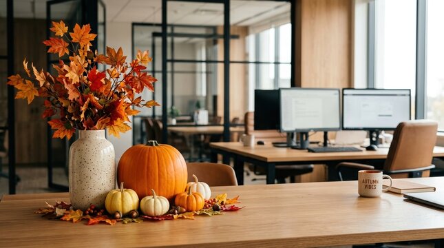 horizontal festive autumn display on office desk. concept of celebrating Halloween and autumn festivities within a professional workspace.